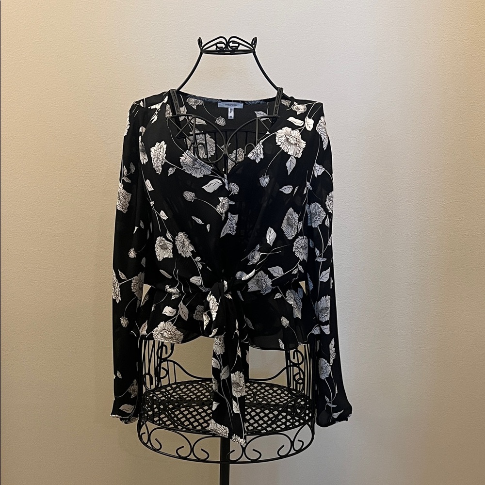 Floral Black and Cream Women's Blouse with Peplum Hem and Front Tie